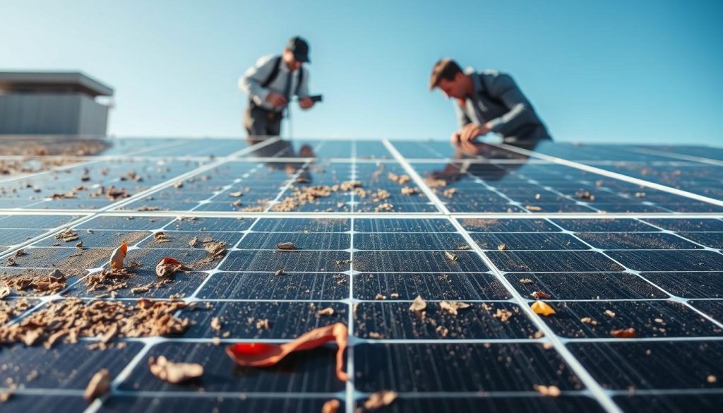 A close-up view of dirty solar panels on a rooftop, highlighting the impact of pollution on their performance. In the foreground, focus on the uneven layers of dust, grime, and leaves on the solar cells. In the middle, display a technician in professional attire, carefully inspecting and cleaning the panels with appropriate tools such as a soft brush and water spray. The background features a clear blue sky, contrasting with the dark shade of the panels, indicating a sunny day ideal for solar energy generation. Soft, natural sunlight illuminates the scene, creating shadows that emphasize the texture of the dirt on the panels. The mood conveys urgency and professionalism, underscoring the importance of maintenance in ensuring optimal solar energy output.