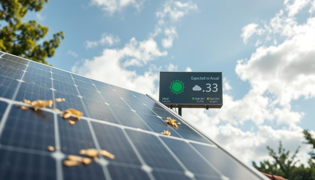 A close-up view of solar panels installed on a rooftop, partially shaded by nearby trees, illustrating reduced efficiency. In the foreground, the panels show clear signs of dust accumulation and lichen growth, indicating neglected maintenance. The middle section features a digital display screen that highlights the expected vs. actual energy output of the solar panels, with a green energy icon subtly integrated. The background presents a bright sky contrasted with scattered clouds, suggesting ideal weather conditions. The scene is captured in soft natural lighting, enhancing the mood of disappointment and concern. A shallow depth of field focuses attention on the solar panels, creating an atmosphere of introspection and analysis regarding energy production.
