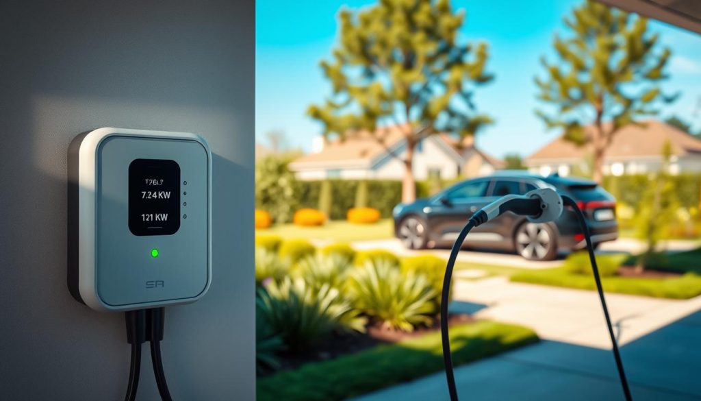A modern home charging station for electric vehicles, showcasing different power outputs of 7.4 kW, 11 kW, and 22 kW. In the foreground, a sleek, wall-mounted charging unit with lit indicators displaying power levels. In the middle ground, a parked electric vehicle, highlighting its charging port connected to the station with a coiled cable. The background features a well-manicured garden and a clear blue sky, emphasizing a serene, suburban setting. Soft, natural lighting casts gentle shadows, creating a warm and inviting atmosphere. The image captures the practicality and effectiveness of home charging solutions, reflecting the modern lifestyle and environmental consciousness of the homeowner.