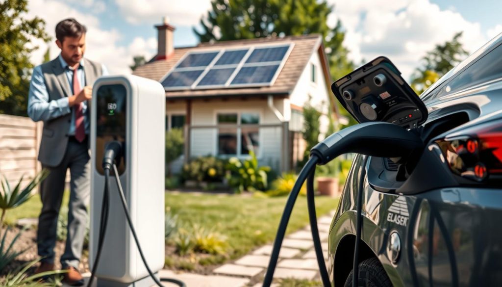 A well-maintained home electric vehicle charging station in a serene garden setting. In the foreground, a modern, sleek charging unit is plugged into an electric car, showing clear details such as LED indicators and sturdy cables. To the left, a person in smart casual attire inspects the charging station, displaying professionalism and care. In the middle ground, a cozy home stands with solar panels visible on the roof and green plants surrounding the area, suggesting eco-friendliness. The background features a sunny sky with soft clouds, creating an inviting atmosphere. Use natural lighting to highlight the textures of the charging unit and the environment, with a focus on clarity and cleanliness. The overall mood is positive, emphasizing sustainability and maintenance.